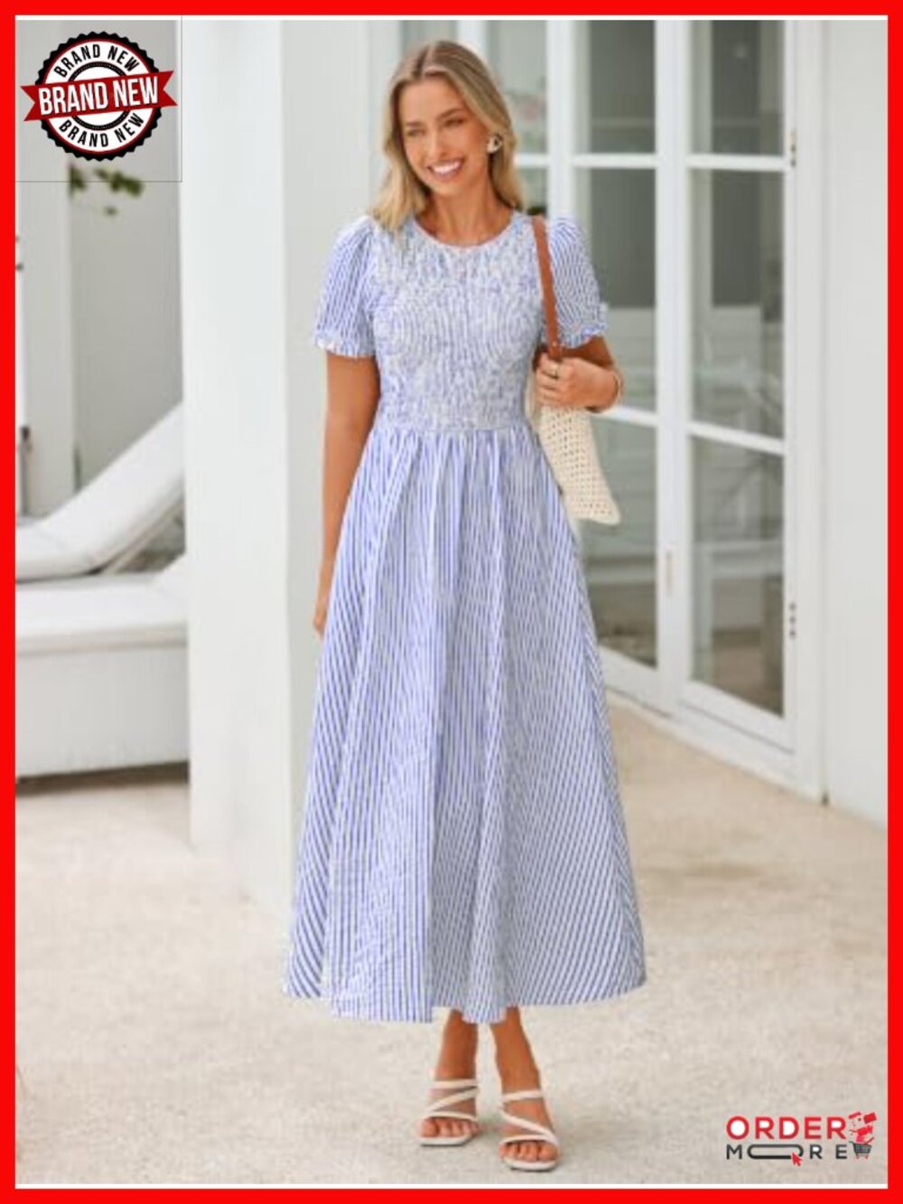 Smocked Puff Sleeve High Waist Midi Dress with Pockets - Picture 2 of 6